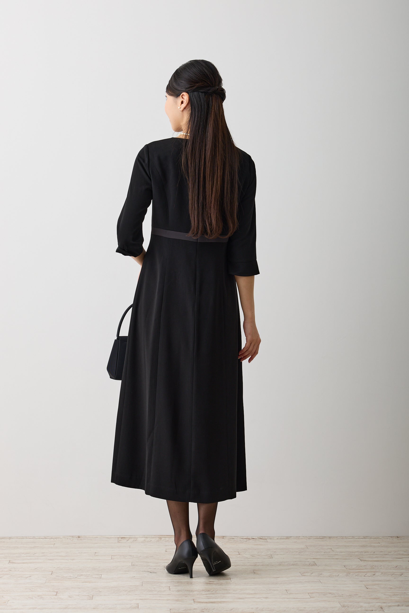 レディース喪服 ノーカラーアンサンブル サテン切替ワンピース ロング