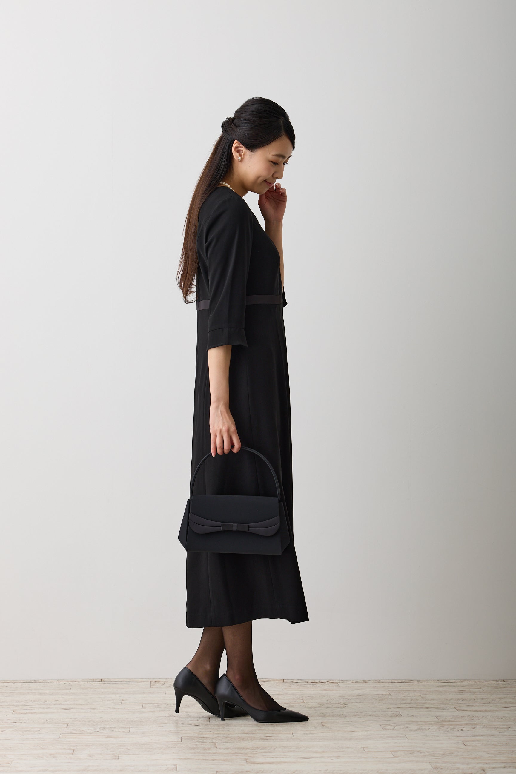 レディース喪服 ノーカラーアンサンブル サテン切替ワンピース ロング