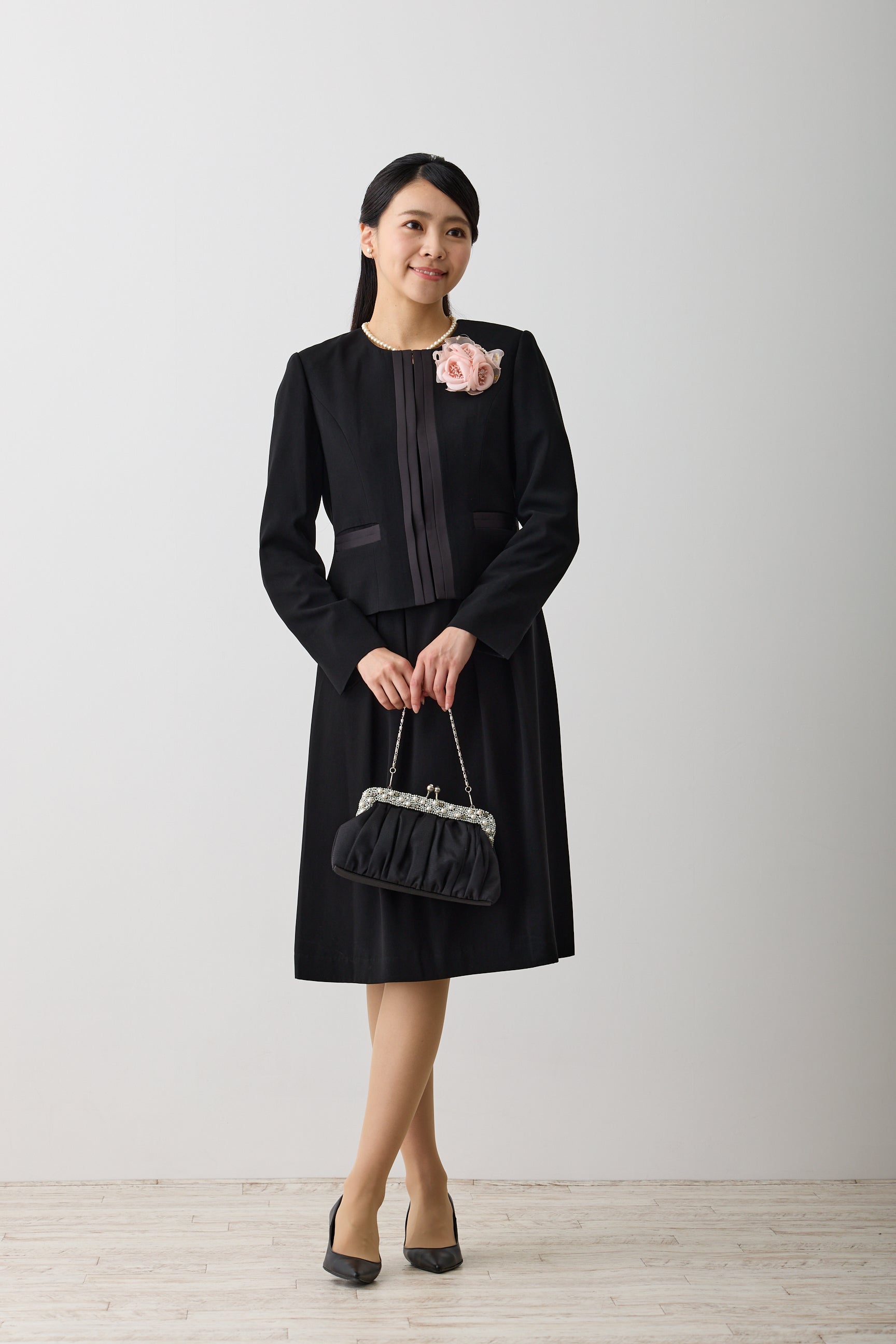 レディース喪服 ノーカラーアンサンブル サテン切替ワンピース