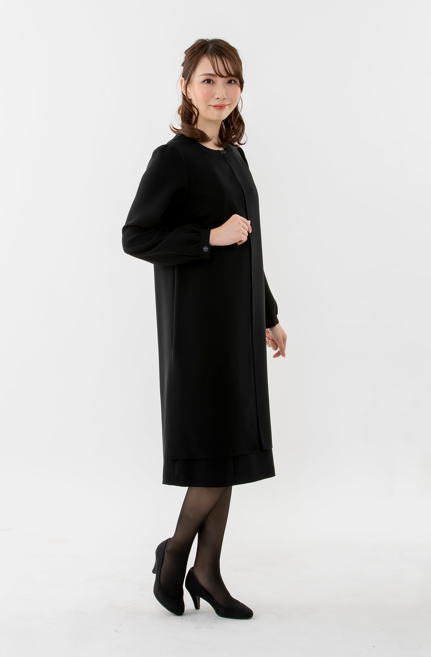 ブラックフォーマル ロングジャケット風重ね着ワンピース net-021