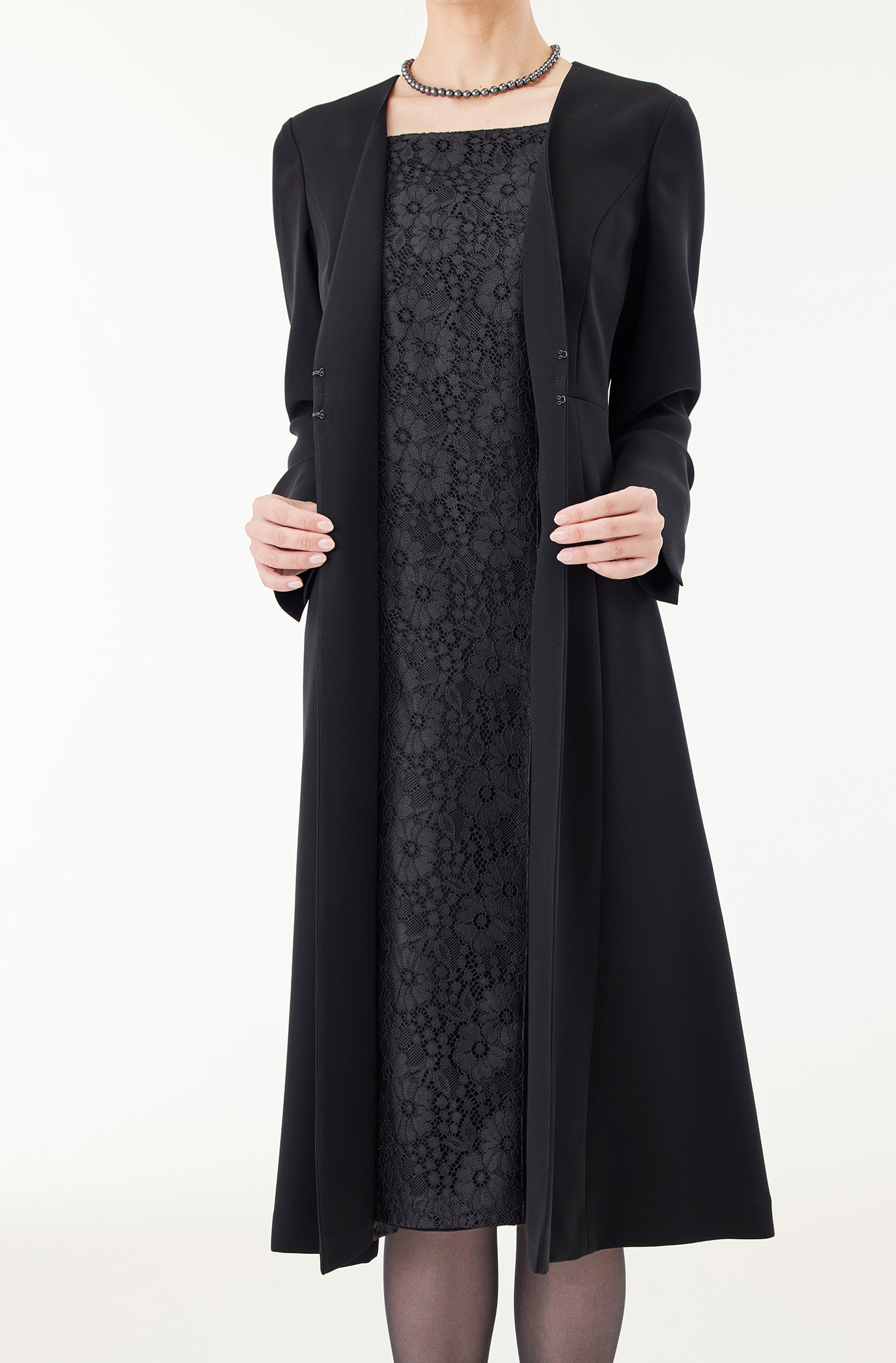 ブラックフォーマル ロングジャケット風レース使いワンピース net-022