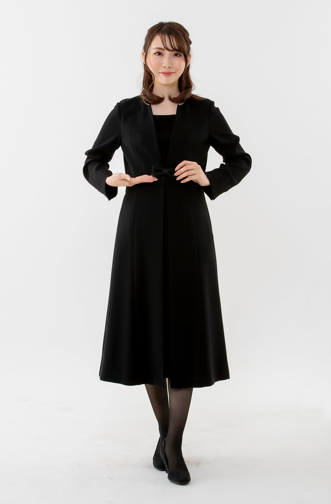 ブラックフォーマル ロングジャケット風重ね着ワンピース net-016